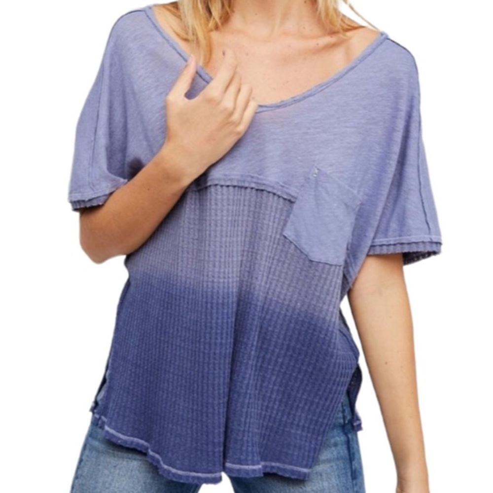 Free People We The Free Size XS Blue Sun Dial Ombré Dip Dye Linen Blend Shirt